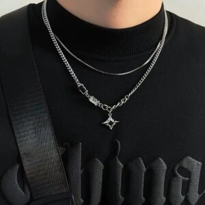 Collier Homme Étoile Double Chaîne – Pendentif Zircon Style Hip Hop